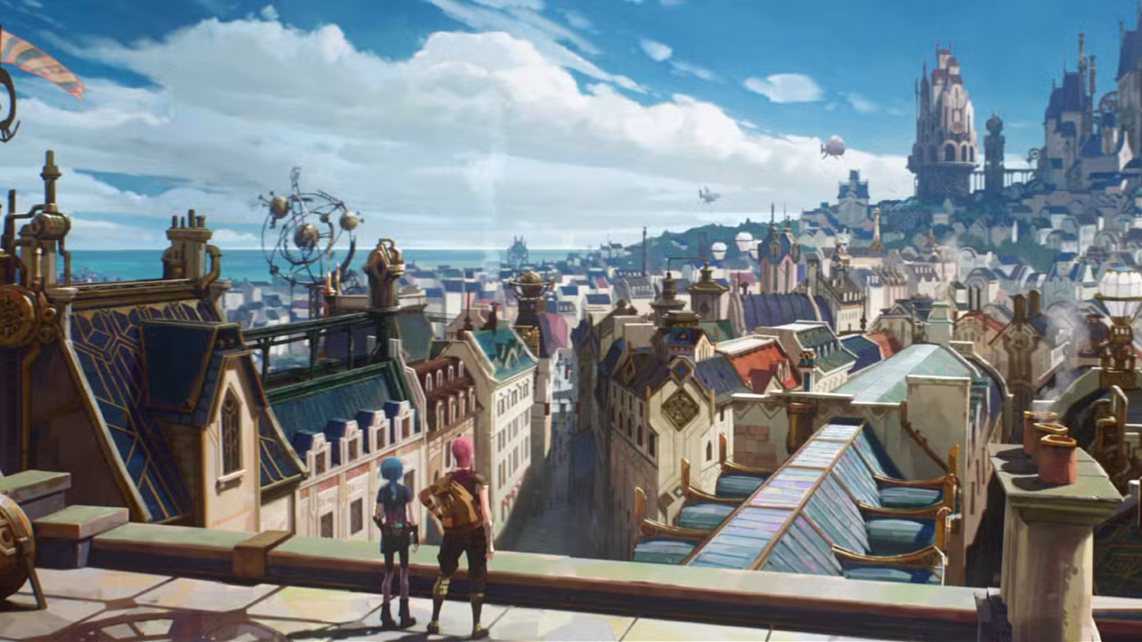 Powder and Vi looking at Piltover in Arcane season 1
