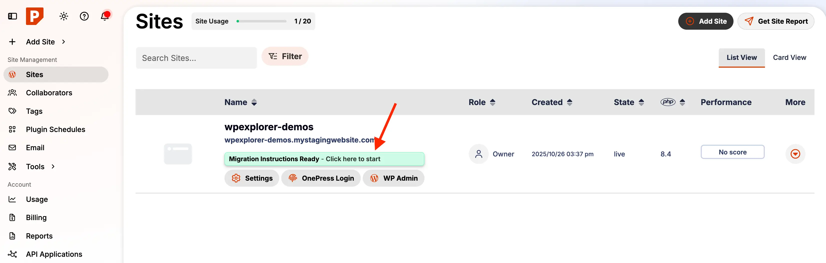 Pressable dashboard site migration notice