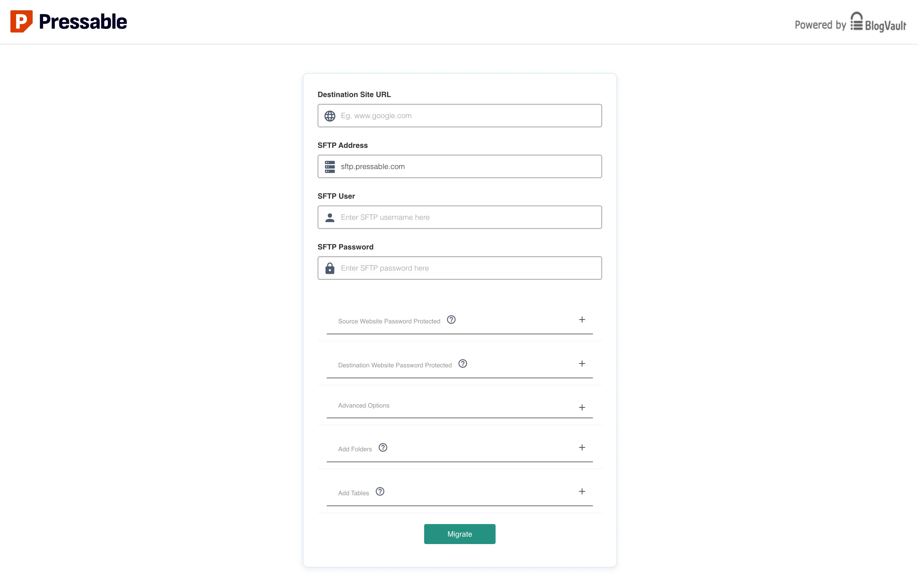 Pressable migration plugin details form