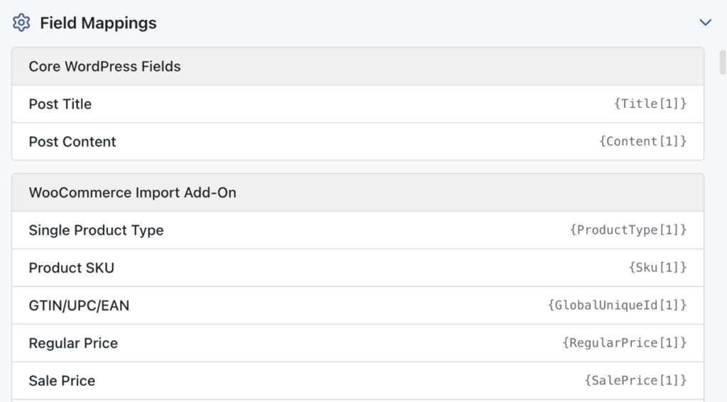 product import field mapping for XML file