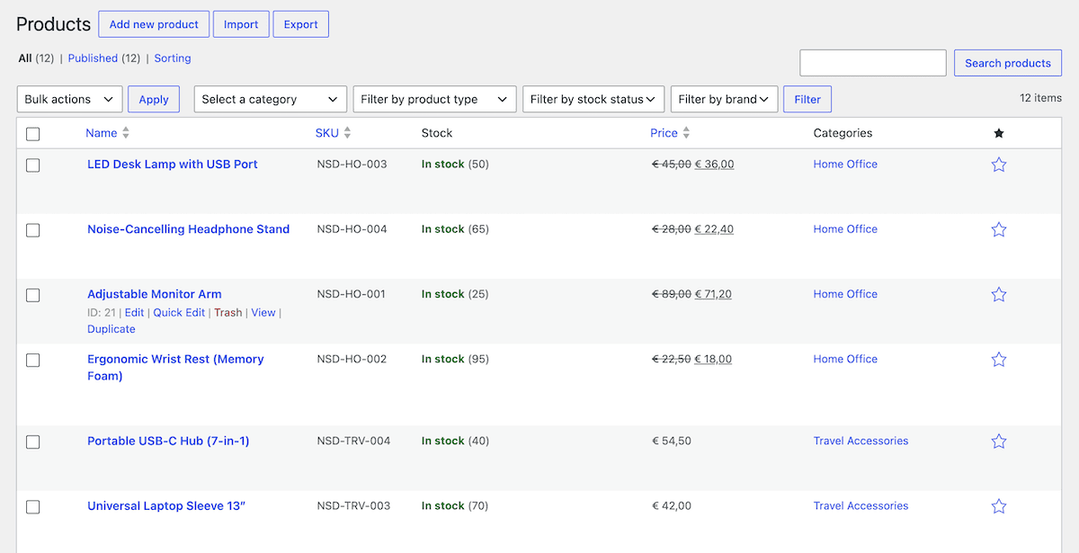 A list of products generated by Novamira Pro in WooCommerce.