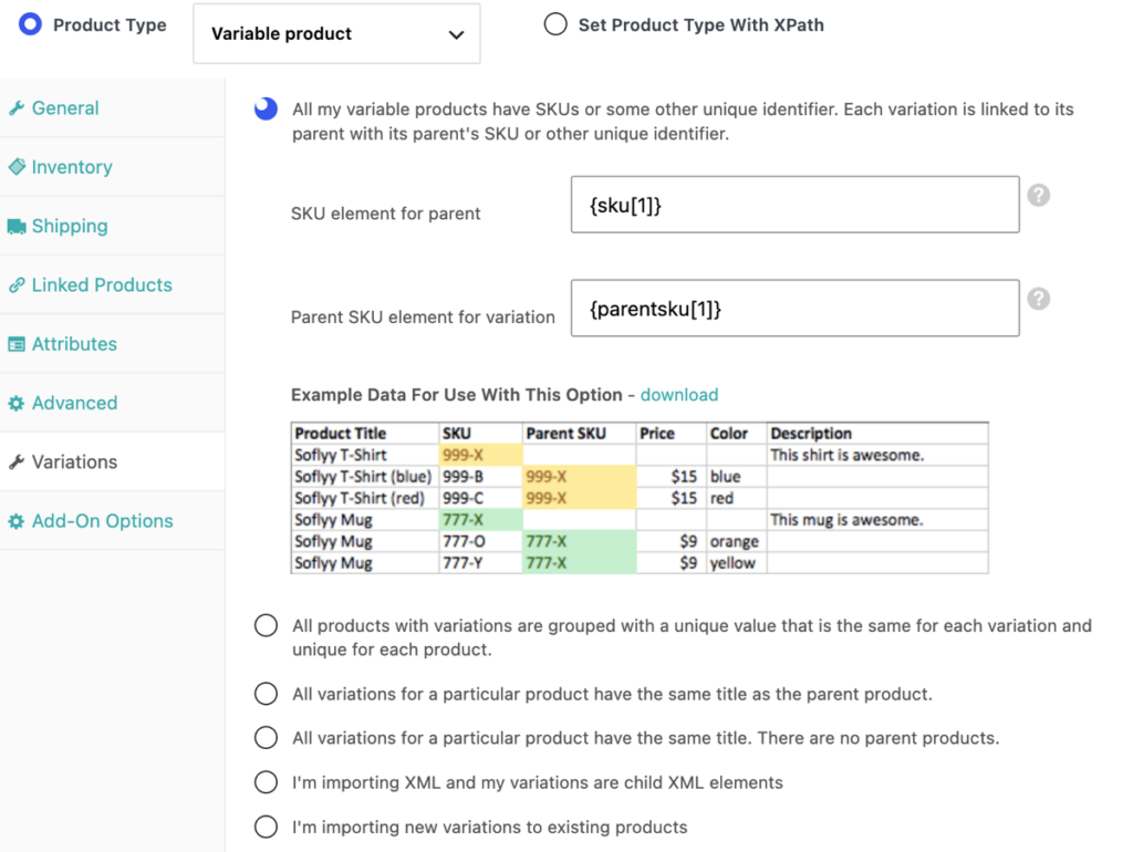 product variations tab