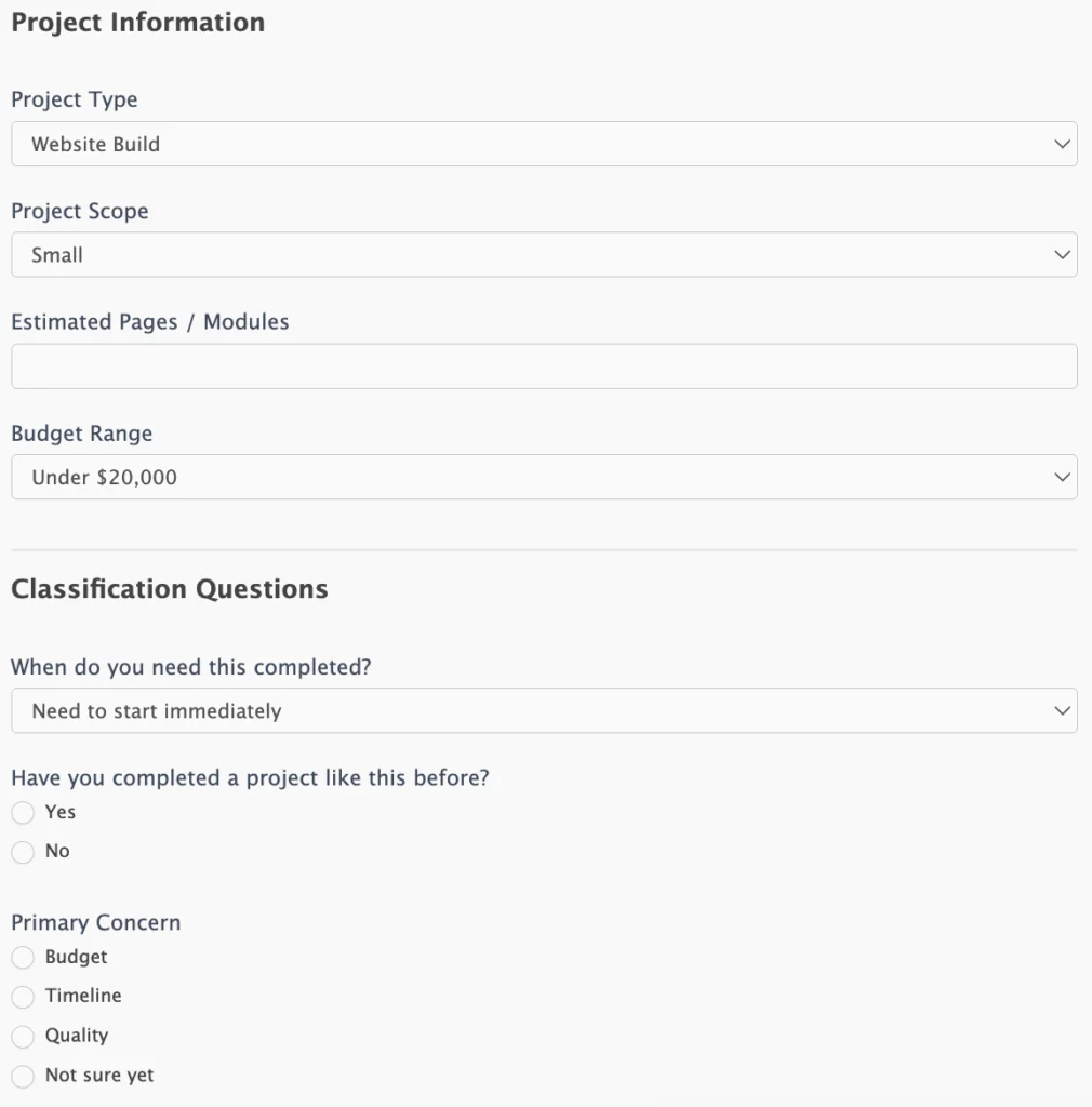 Form builder showing calculation fields (budget, scope) + classification fields (timeline dropdown, experience radio buttons, primary concern dropdown)