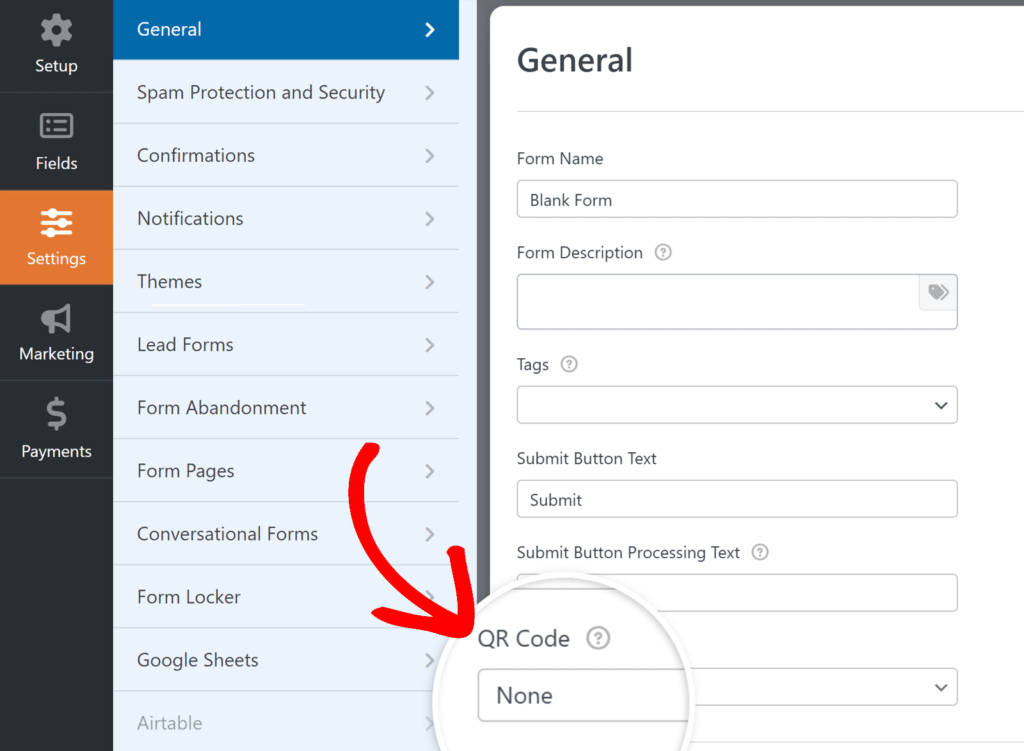 Left navigation menu with Settings highlighted; right pane shows a General form. A magnified circle reveals QR Code set to None.