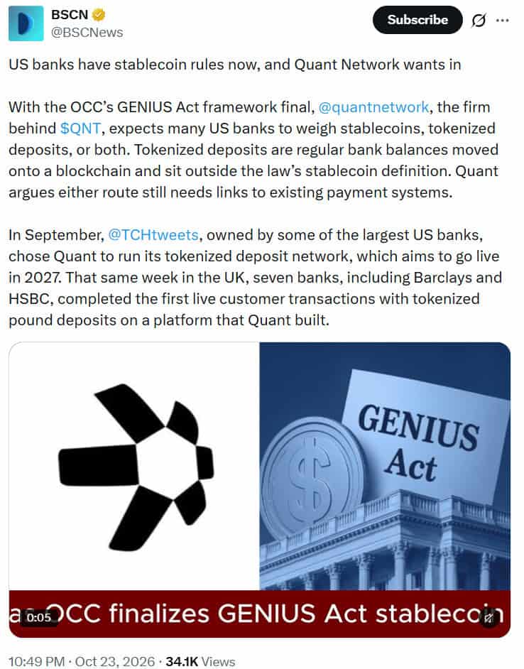 Quant Network was selected by The Clearing House in September 2026