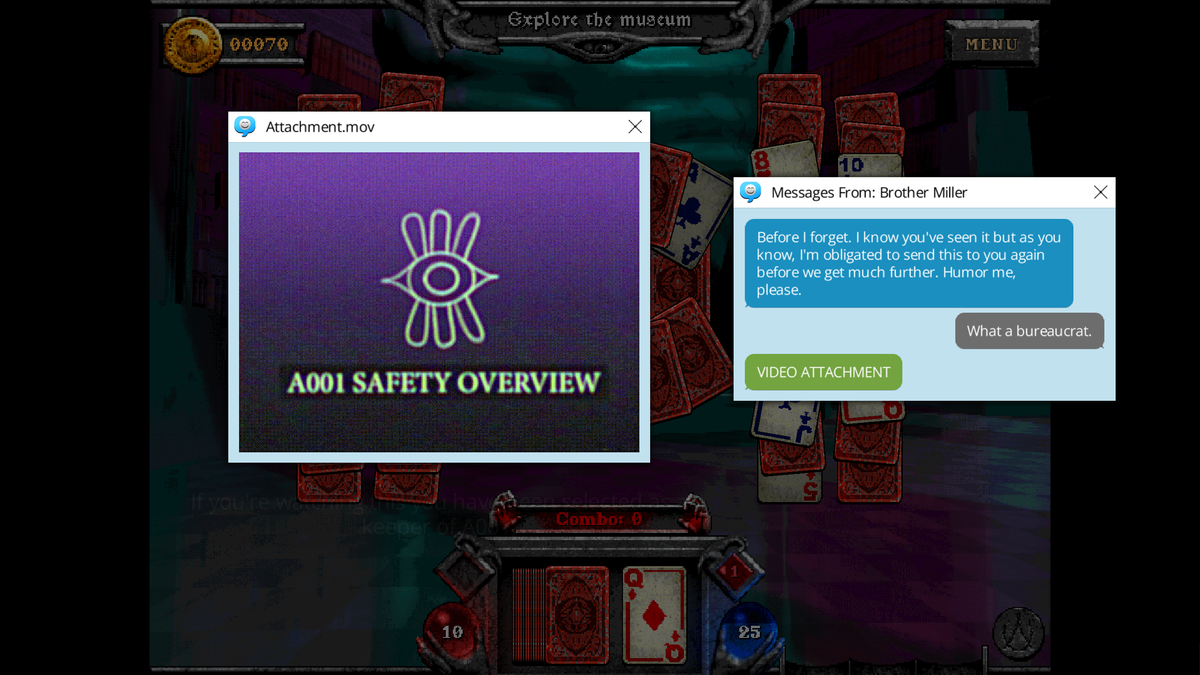 An instant message in Forbidden Solitaire's The Discarded DLC. A video plays in a PC window with a symbol for an eye.
