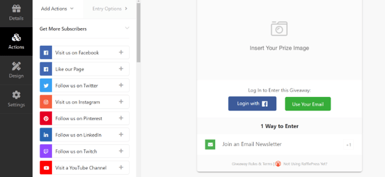 rafflepress contest entry methods dashboard showing email and social options