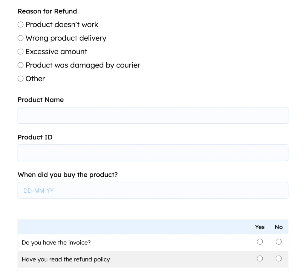 Fluent Forms Refund Request Form template with order number and refund reason