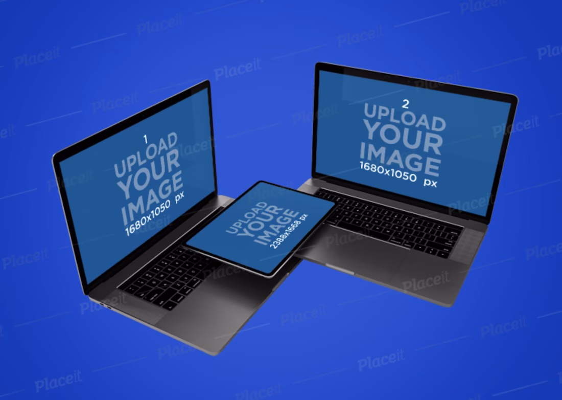 responsive mockup of two macbooks pro and an ipad pro against a customizable background