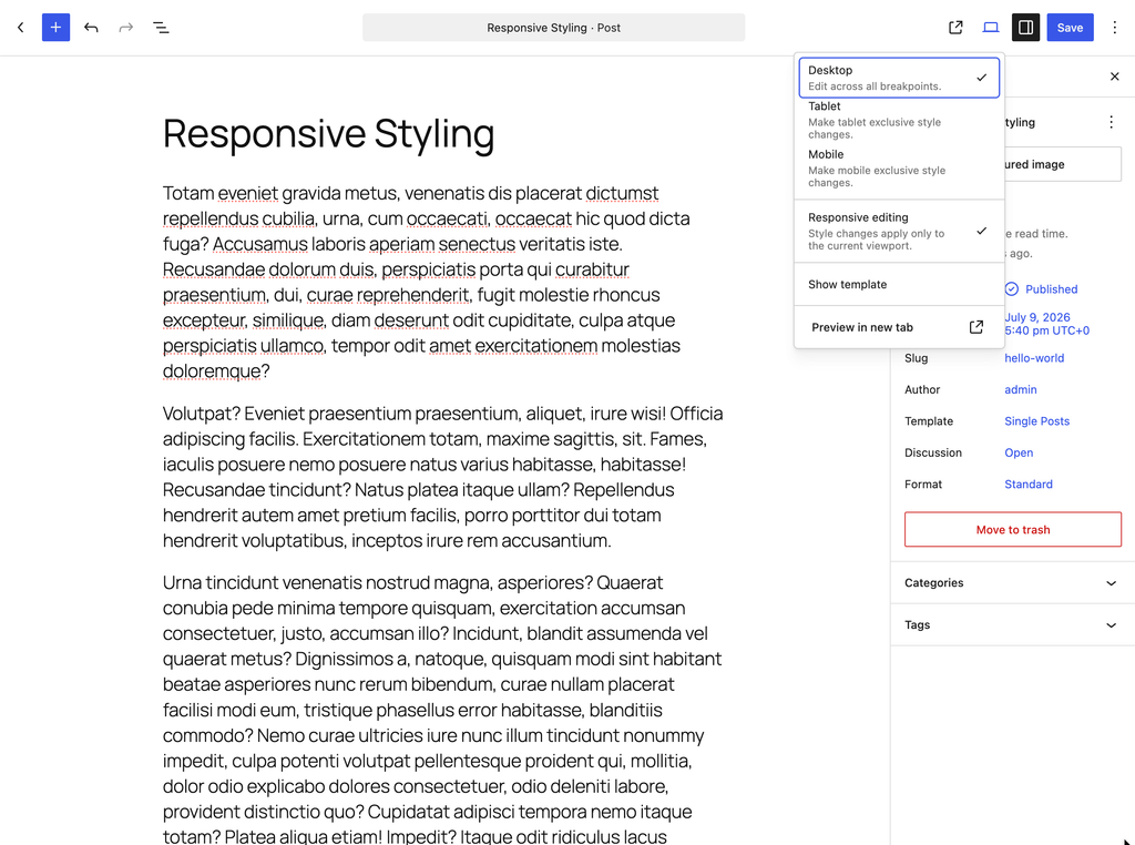 The WordPress block editor showing the responsive styling controls.
