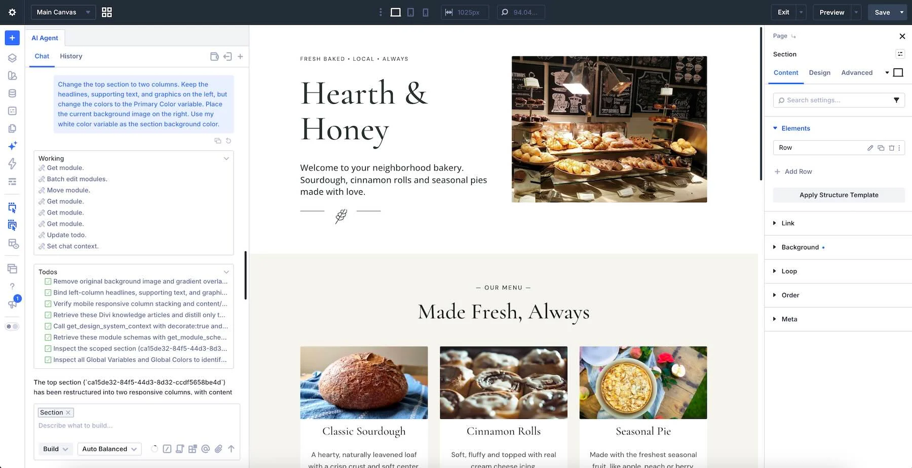 Restructuring the bakery hero section using Divi AI agents
