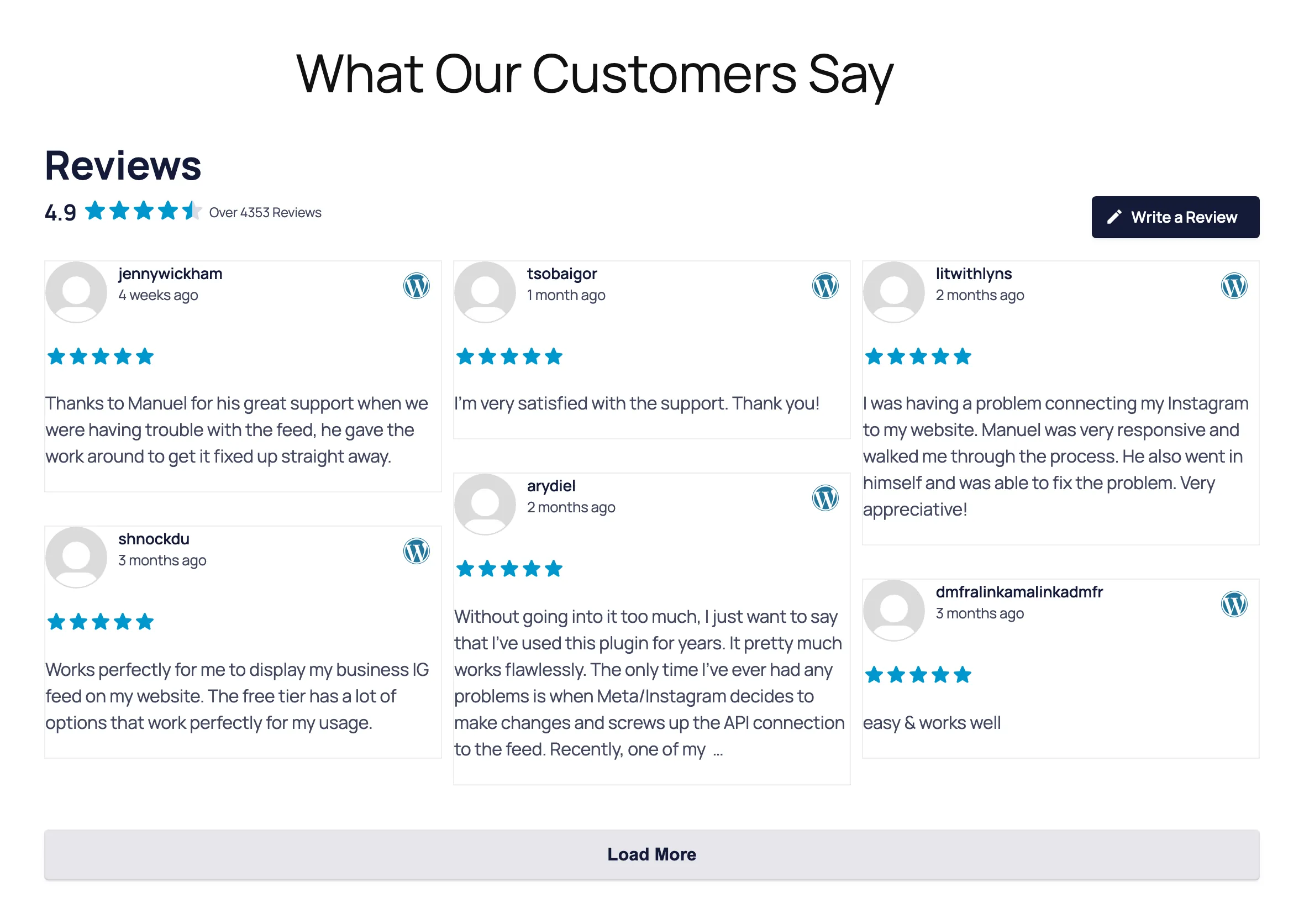 The same Reviews Feed Pro feed after the change: six 5-star WordPress.org reviews, highest rated first, in three columns of cards