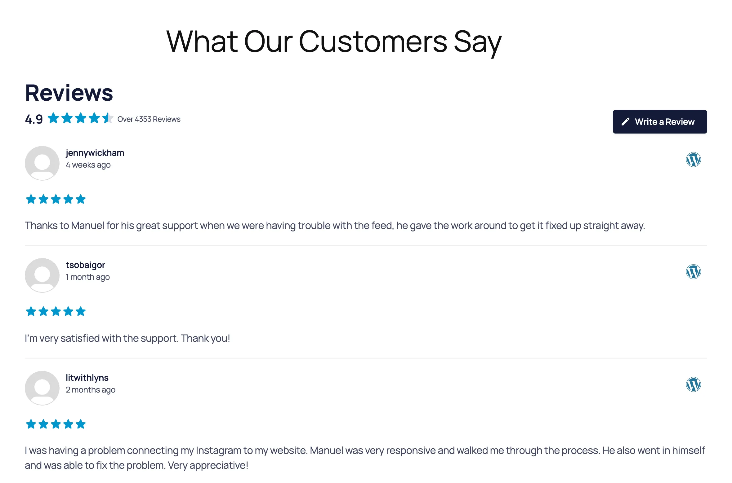 Reviews Feed Pro feed on a WordPress page showing Smash Balloon Instagram Feed reviews from WordPress.org in a single list, with a 4.9 average rating and a Write a Review button