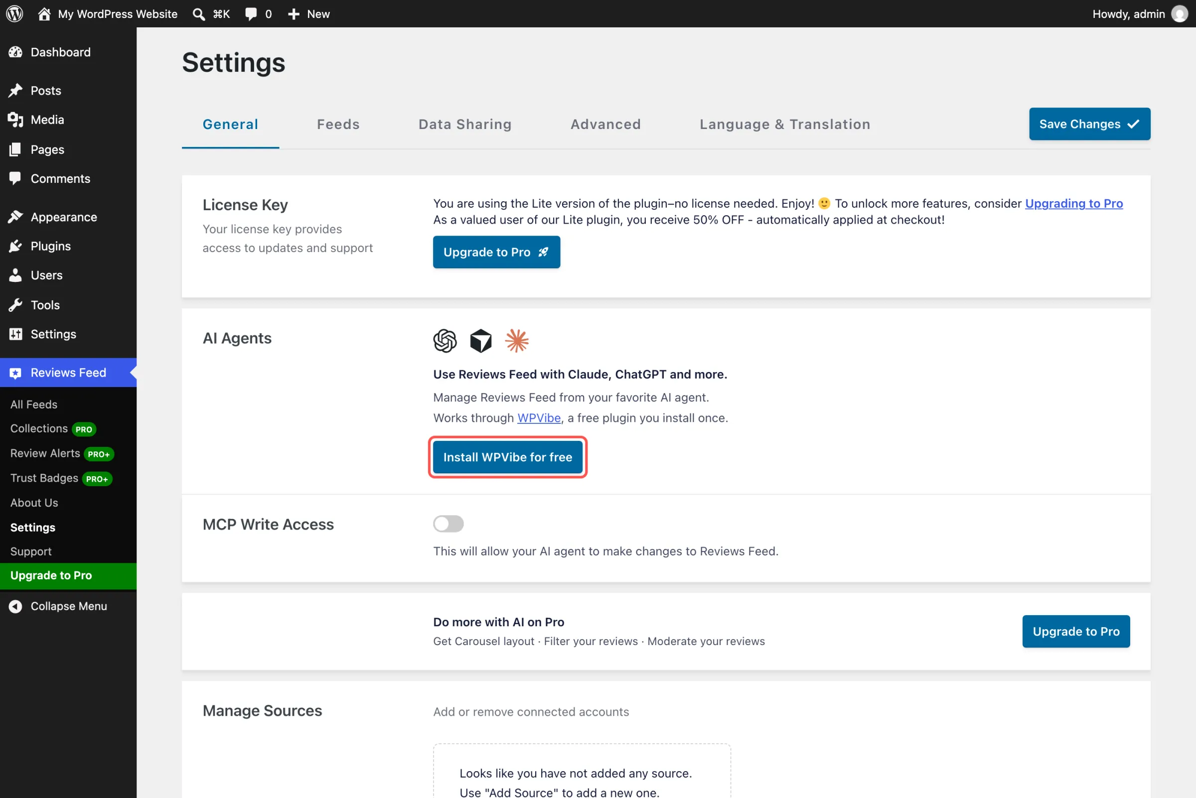 Reviews Feed Settings page in WordPress, General tab, with the Install WPVibe for free button in the AI Agents box highlighted, above the MCP Write Access toggle and the Do more with AI on Pro strip