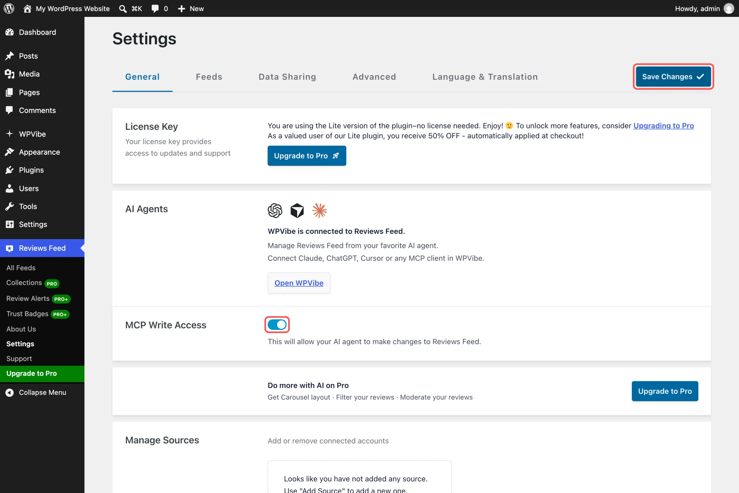Reviews Feed Settings page with the MCP Write Access toggle switched on and the Save Changes button highlighted