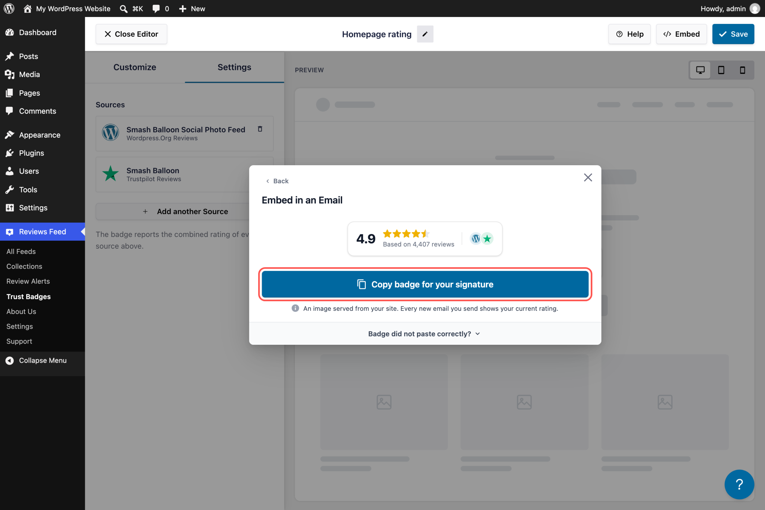 The Embed in an Email window in Reviews Feed Pro showing a 4.9 star trust badge and the Copy badge for your signature button highlighted