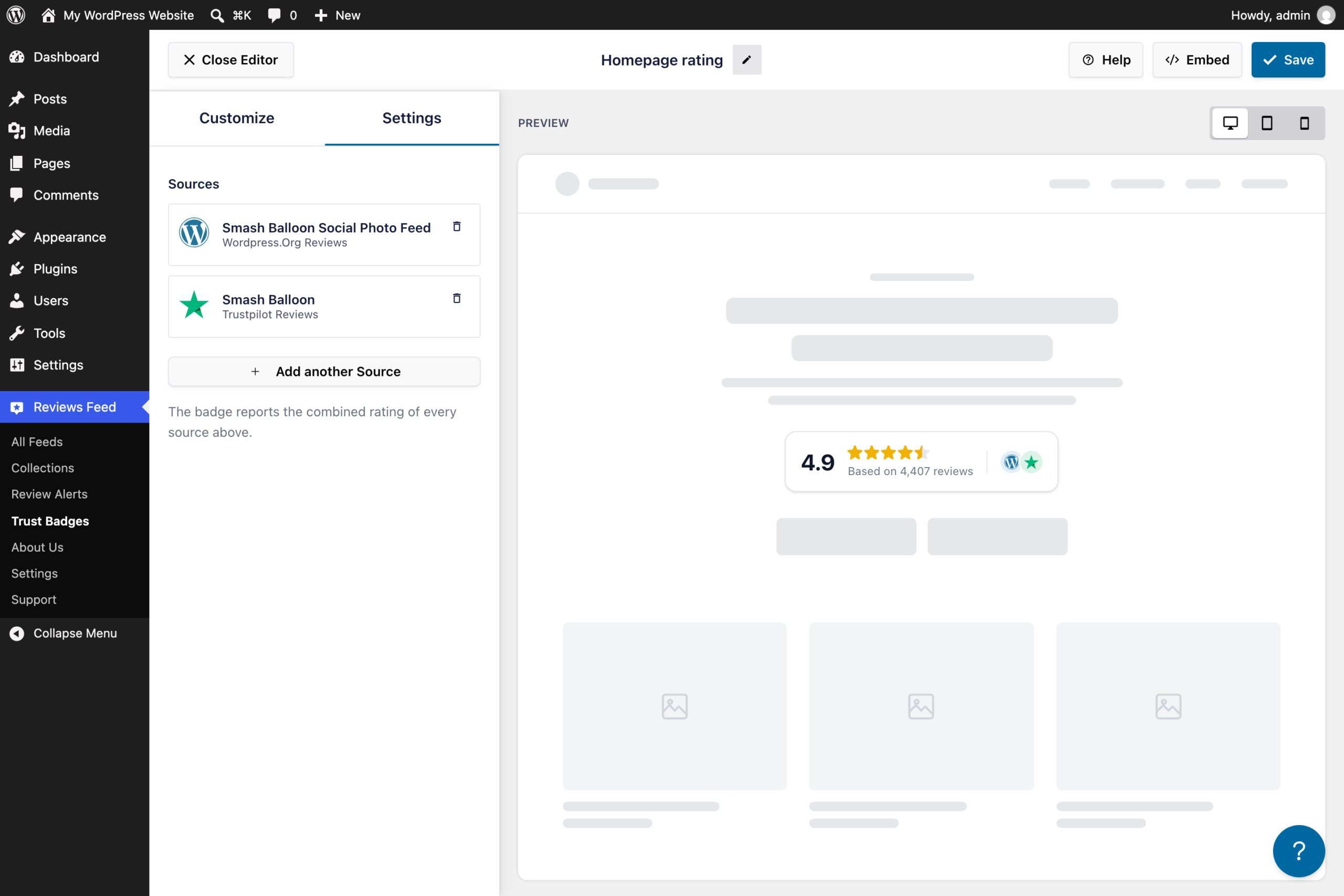 The Settings tab of the Trust Badge editor in Reviews Feed Pro listing two sources, Smash Balloon Social Photo Feed from WordPress.org and Smash Balloon from Trustpilot, with a note that the badge reports their combined rating and a 4.9 badge based on 4,407 reviews in the preview