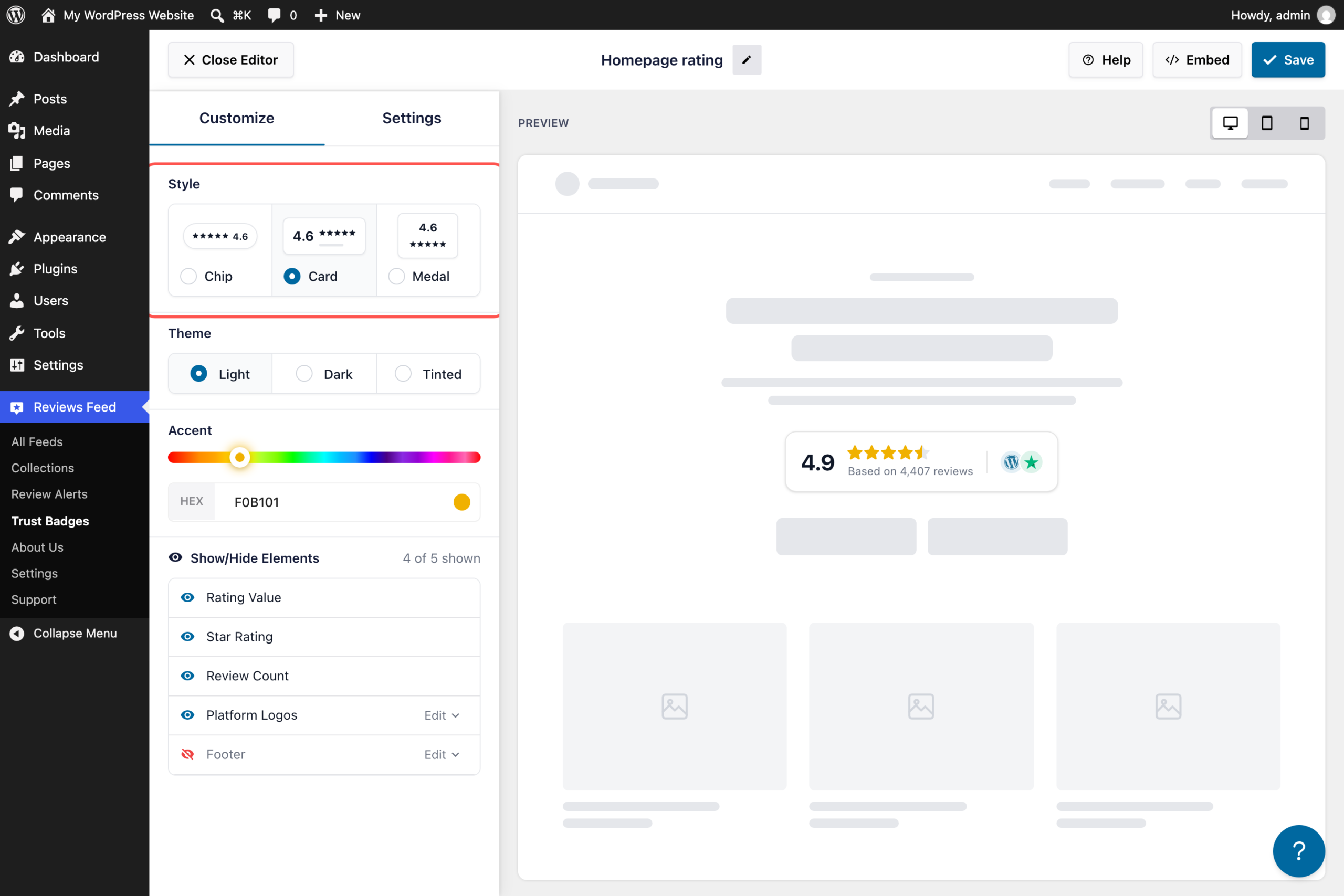 The Customize tab of the Trust Badge editor with the Style options Chip, Card, and Medal highlighted, plus Theme, Accent, and Show/Hide Elements settings beside a live preview of the badge