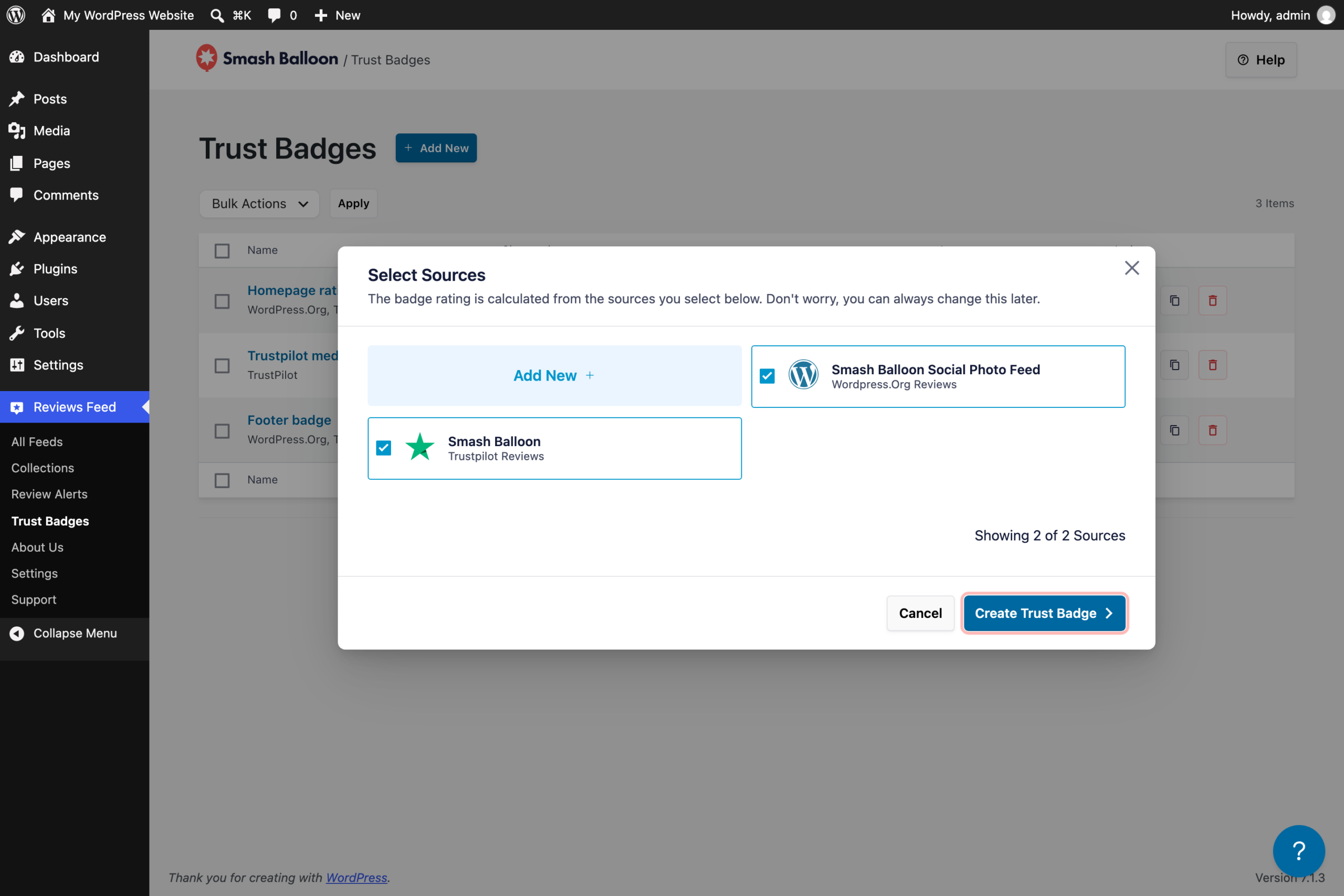 The Select Sources window in Reviews Feed Pro with the WordPress.org and Trustpilot sources ticked and the Create Trust Badge button highlighted
