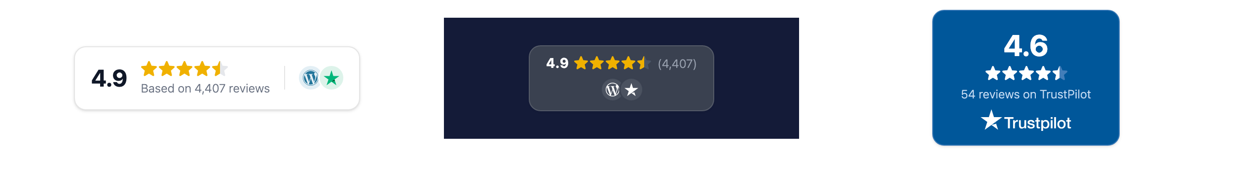 Three Smash Balloon trust badge styles on a web page: a light card with a 4.9 rating based on 4,407 reviews, a dark chip with a 4.9 rating and 4,407 reviews on a navy background, and a tinted blue medal with a 4.6 rating from 54 Trustpilot reviews