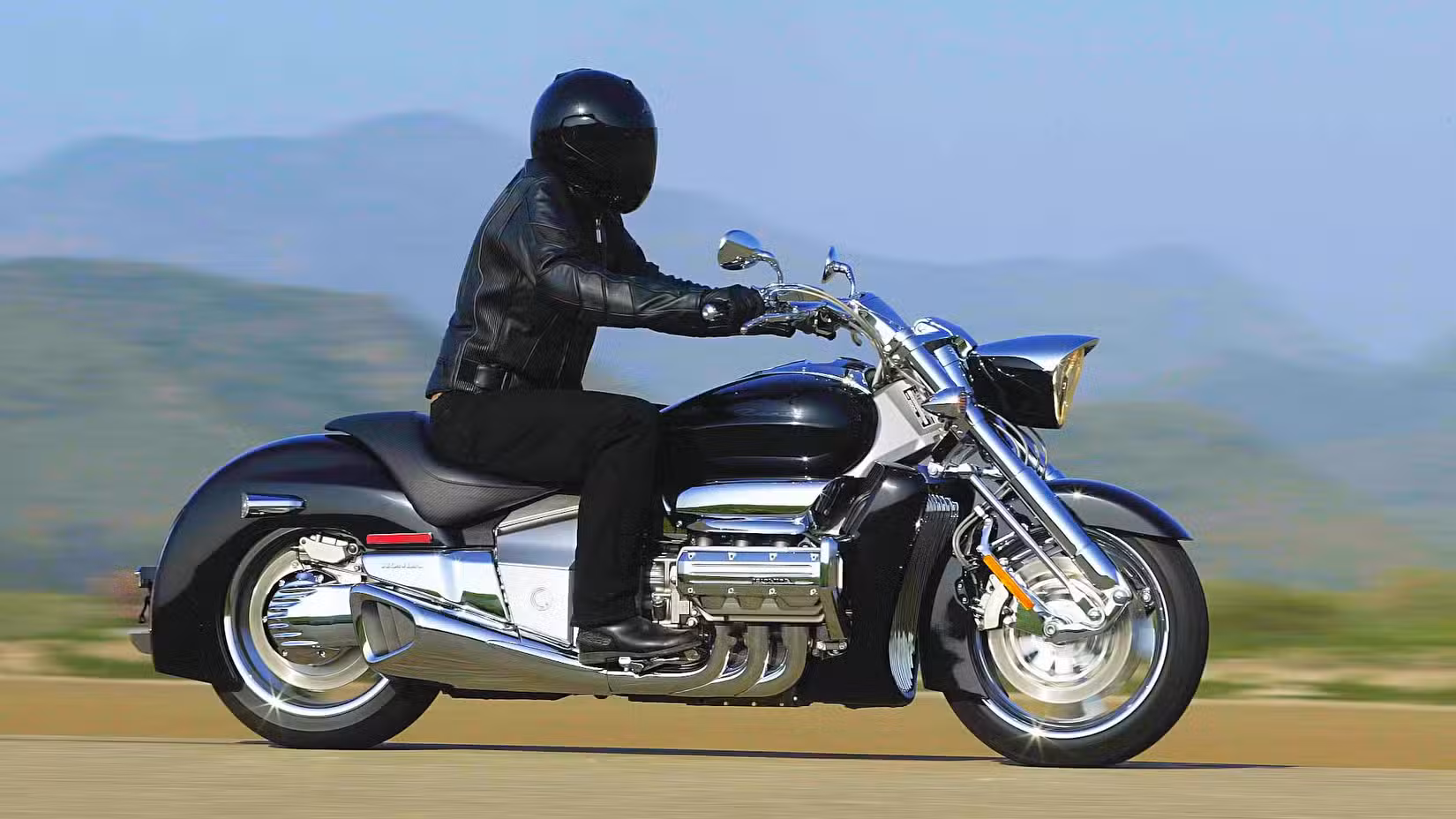 Rider on a 2004 Valkyrie Rune side profile action shot