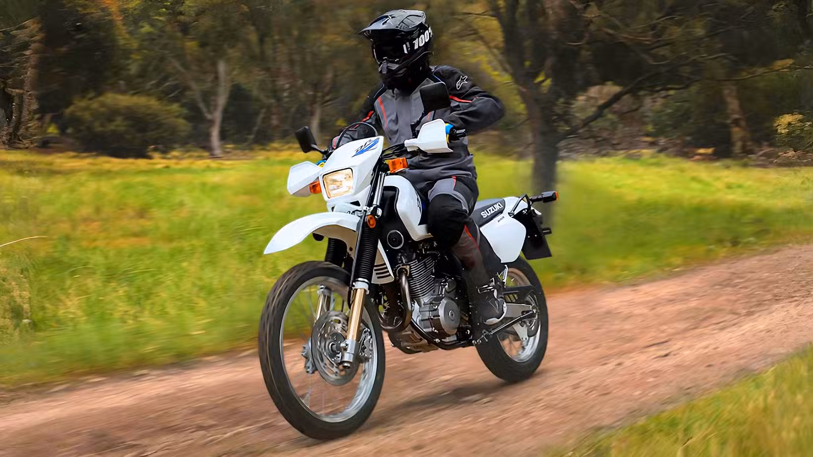 Action shot of a Suzuki DR650S riding off-road