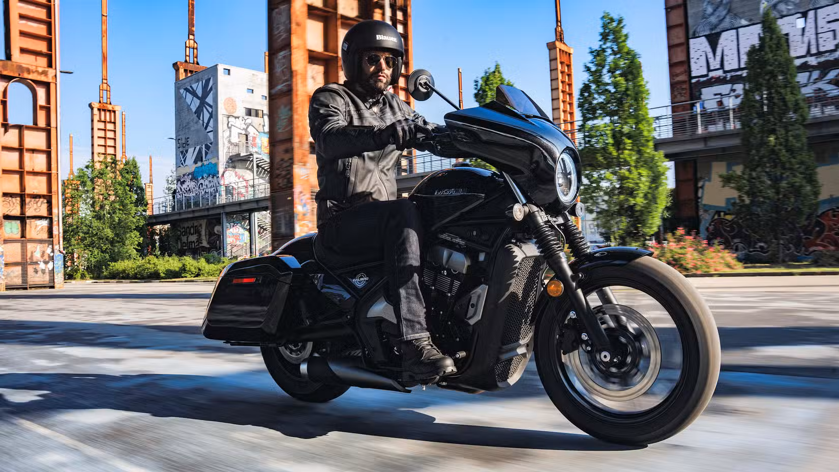 Rider on a black 2024 Moto Morini Calibro 700 Bagger