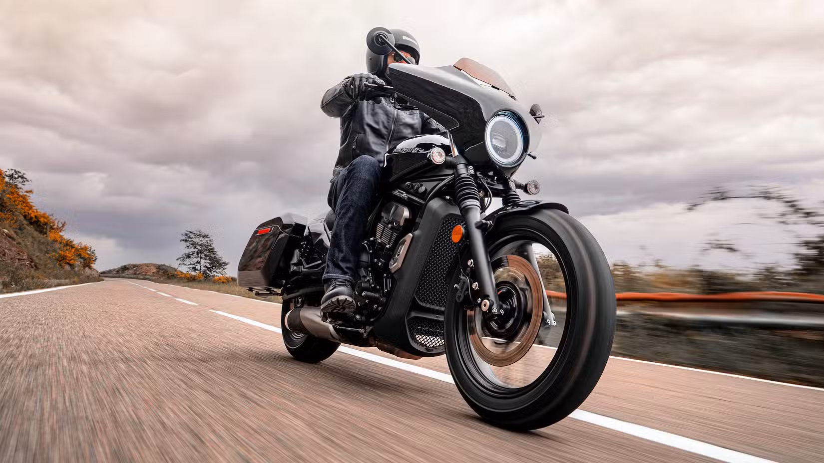 Rider on a black 2024 Moto Morini Calibro 700 Bagger