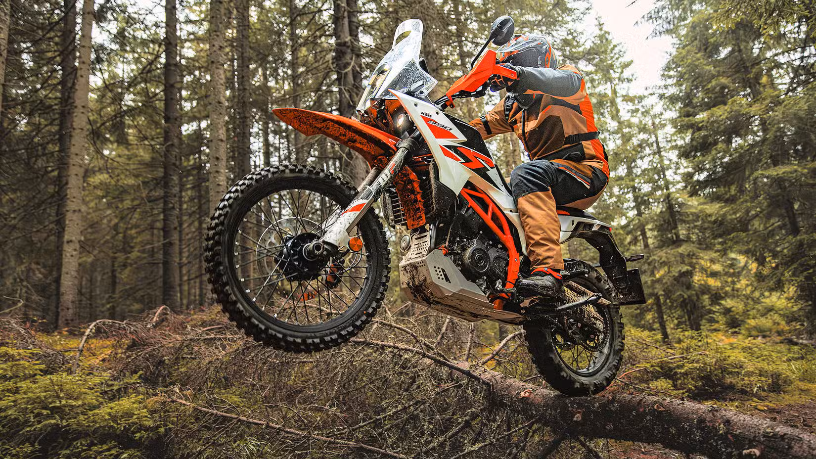 Rider on a 2025 KTM 390 Adventure R jumping over a log in the woods