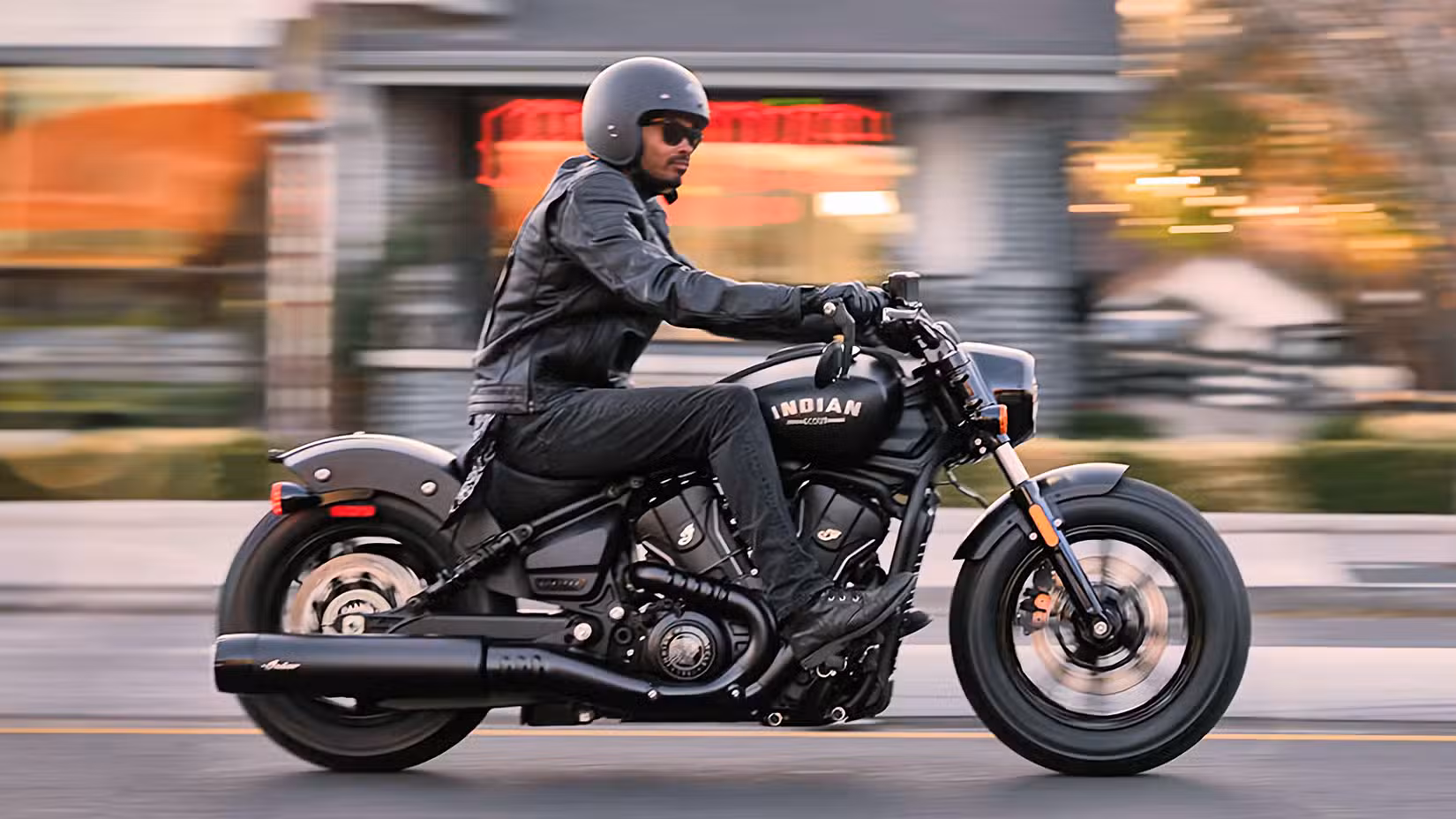 Action shot of a rider on a 2026 Indian Scout Bobber