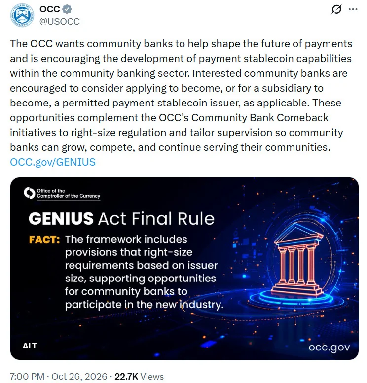The OCC encourages community banks to apply directly or via subsidiaries to become permitted payment stablecoin issuers under the GENIUS Act