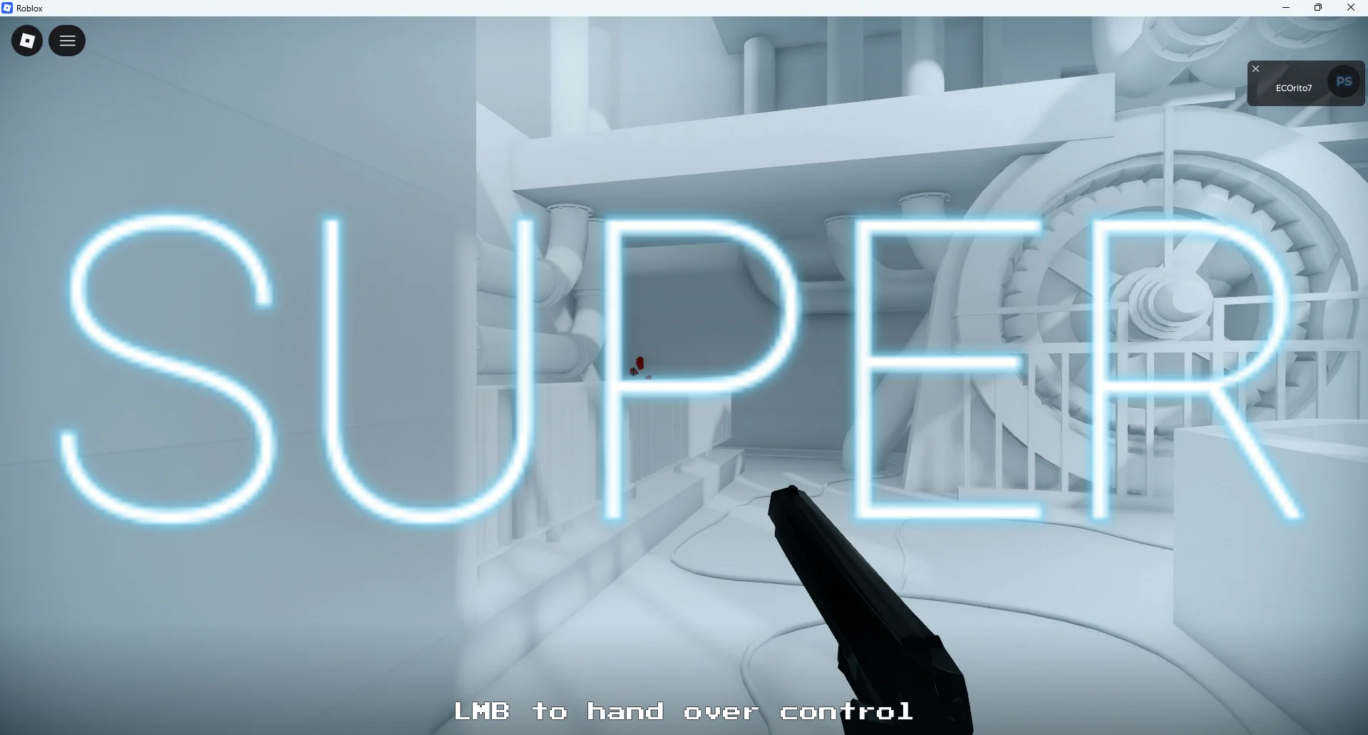 Superhot in a Roblox experience with the word Super on the screen.