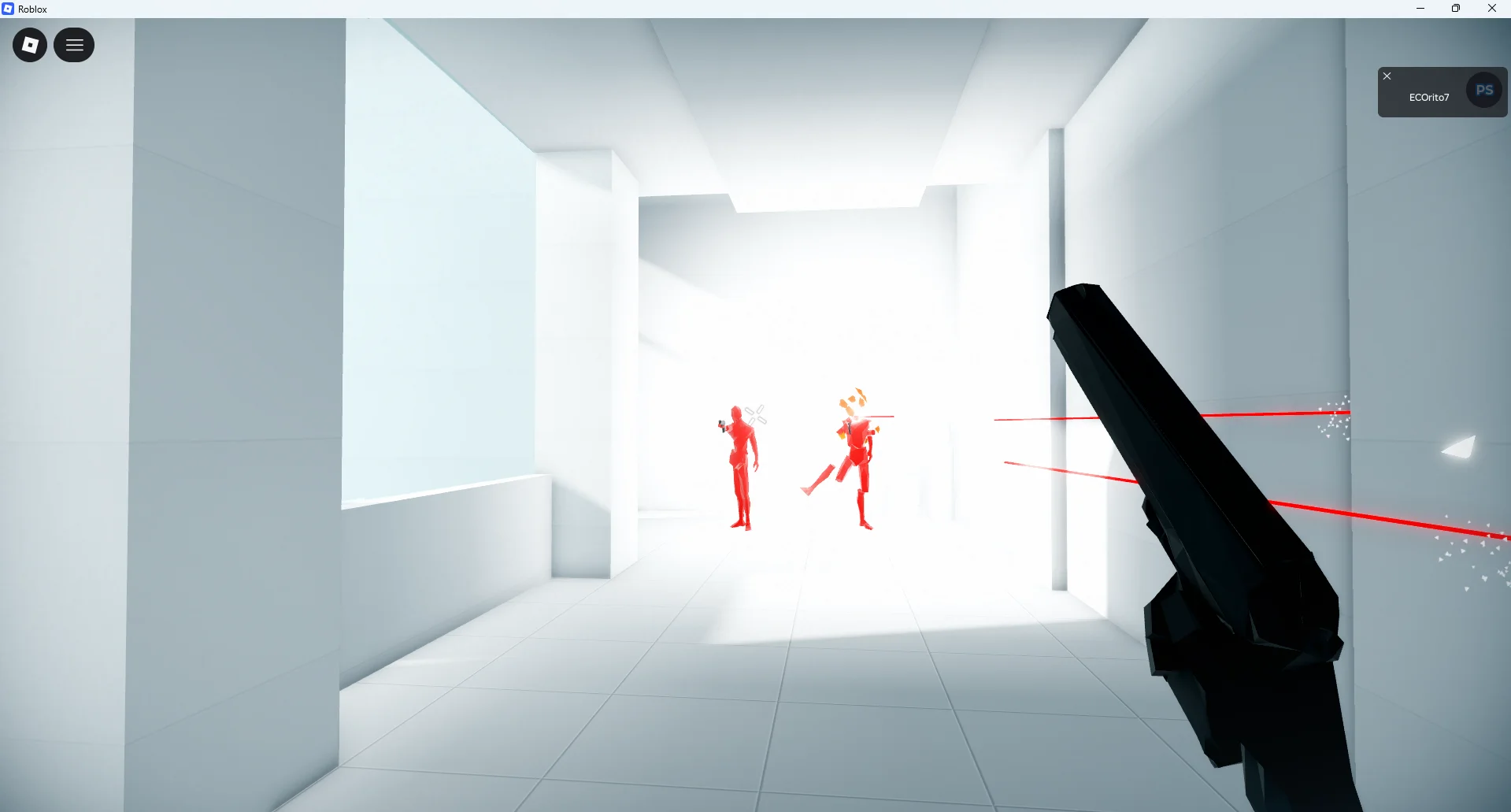 Superhot playable in a Roblox experience, shooting a gun