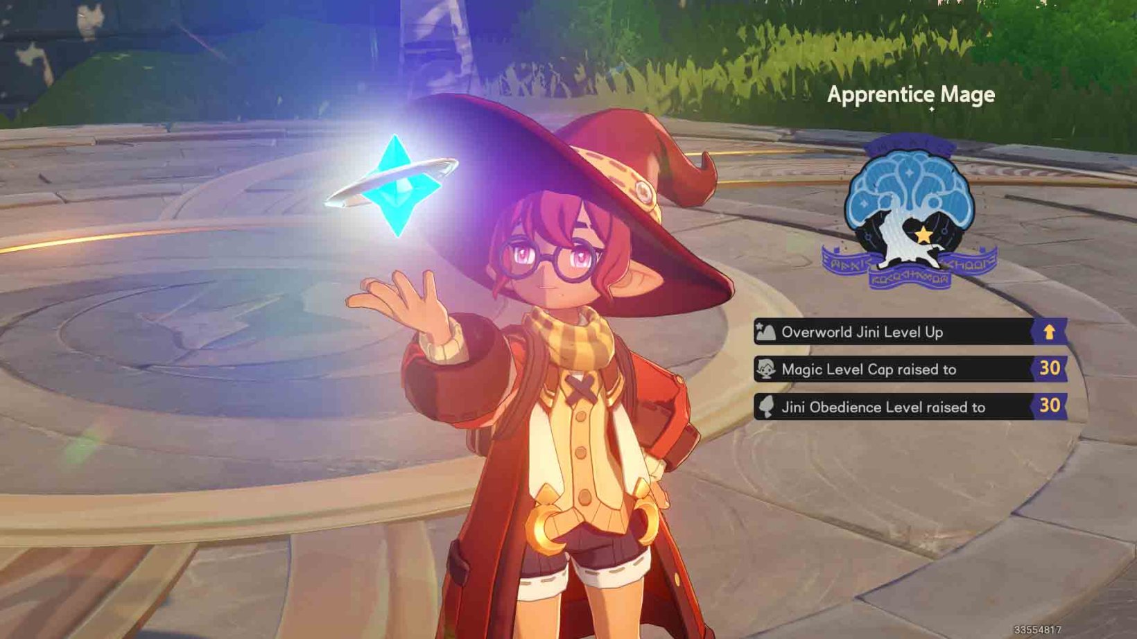 a female mage in a red witch hat and robes levels up into an apprentice mage