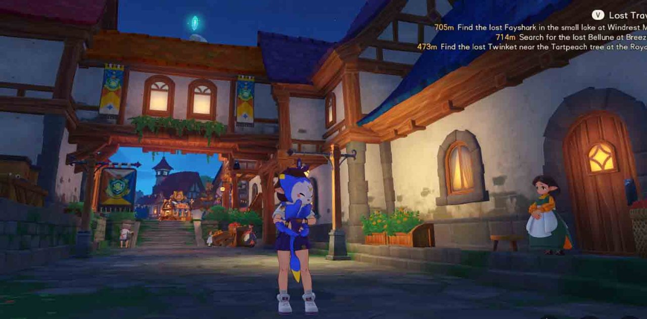 a blue cat-looking jini is cradled by a girl in the middle of a town