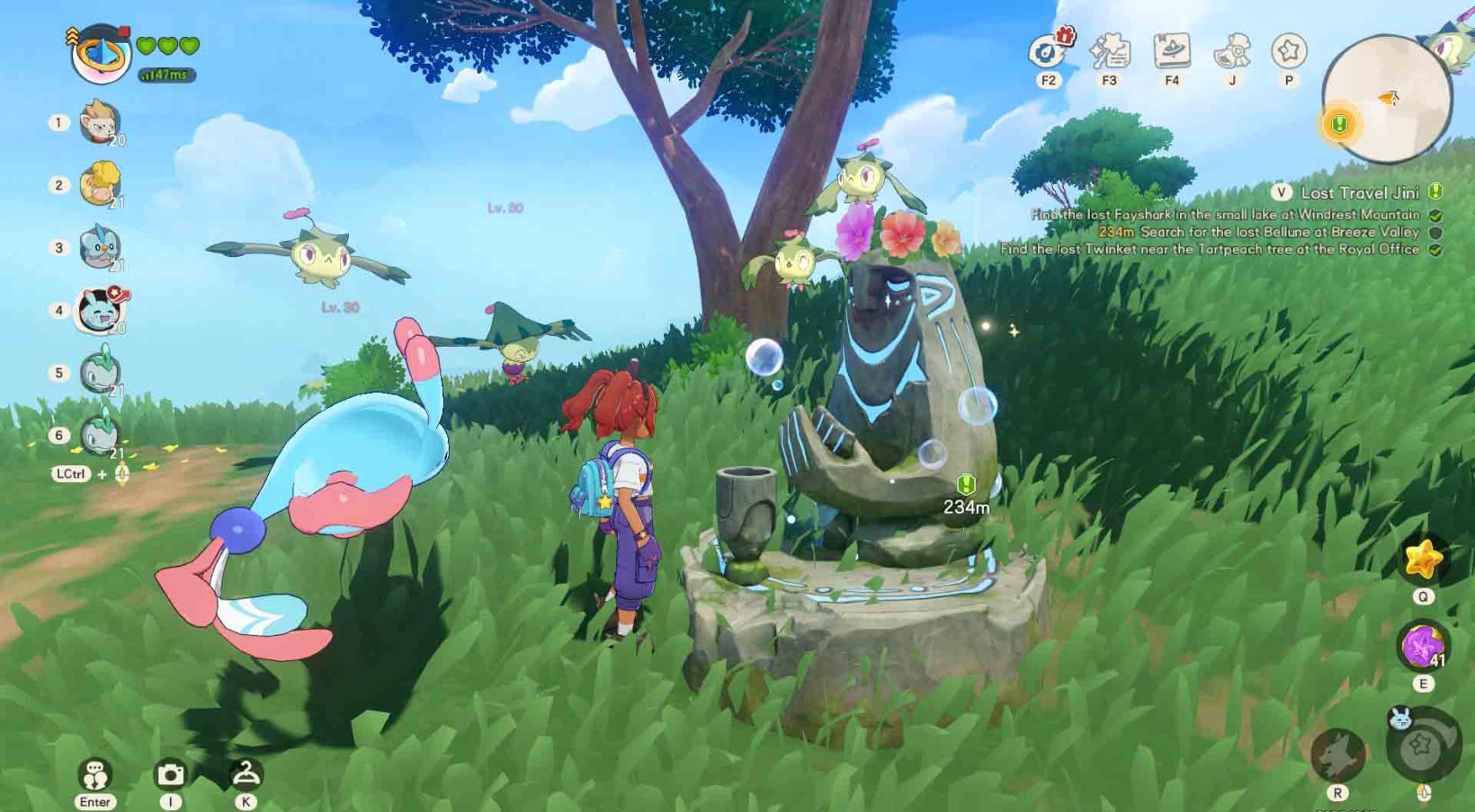 a girl with red hair stands in front of a mysterious statue with her manta-ray-looking jini floating behind her