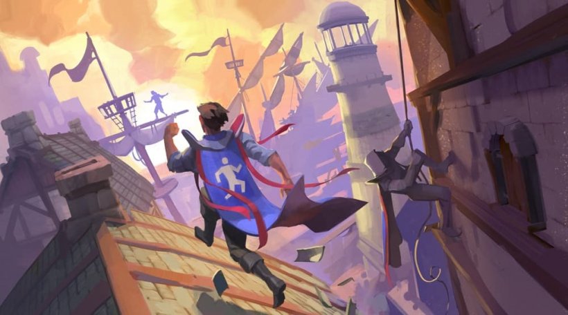 An image of a man in armour and a cloak running across a rooftop, other people are in the background performing similar feats of acrobatics.