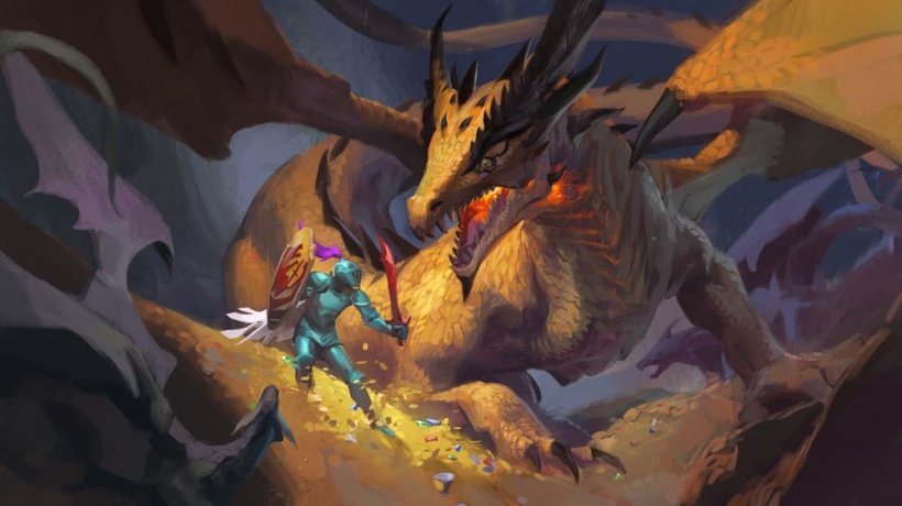 A knight in armour fights a dragon atop a hoard of gold.