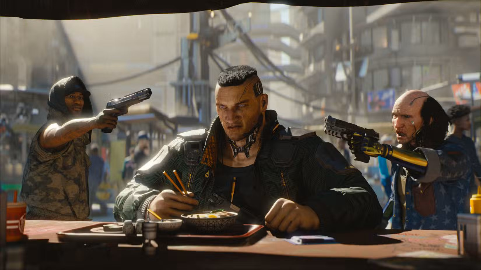 An augmented male form sits eating noodles at an outdoor stall. Two men, one with a yellow metal arm, stand behind him with guns drawn. Cyberpunk 2077, circa 2018.