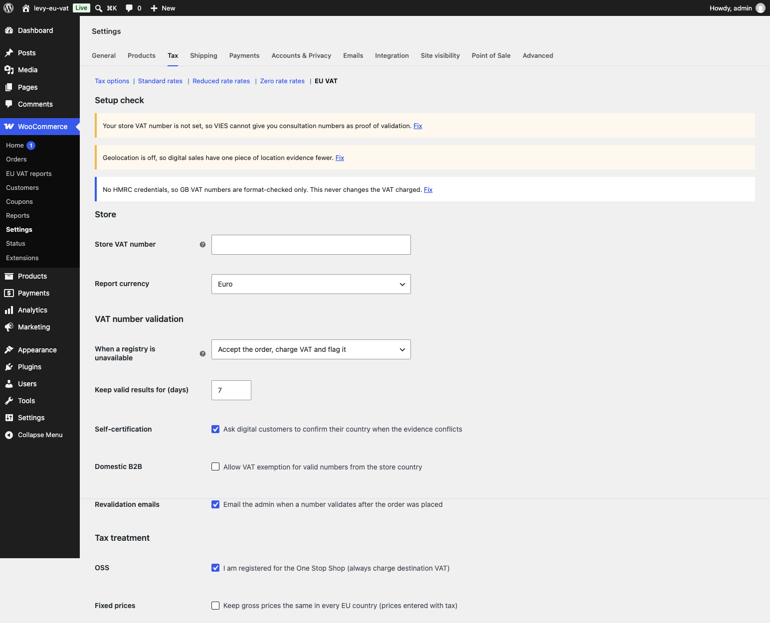The VAT Right settings screen, with the setup check at the top.