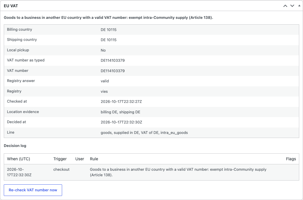 The EU VAT box on an order shows the decision and its inputs.