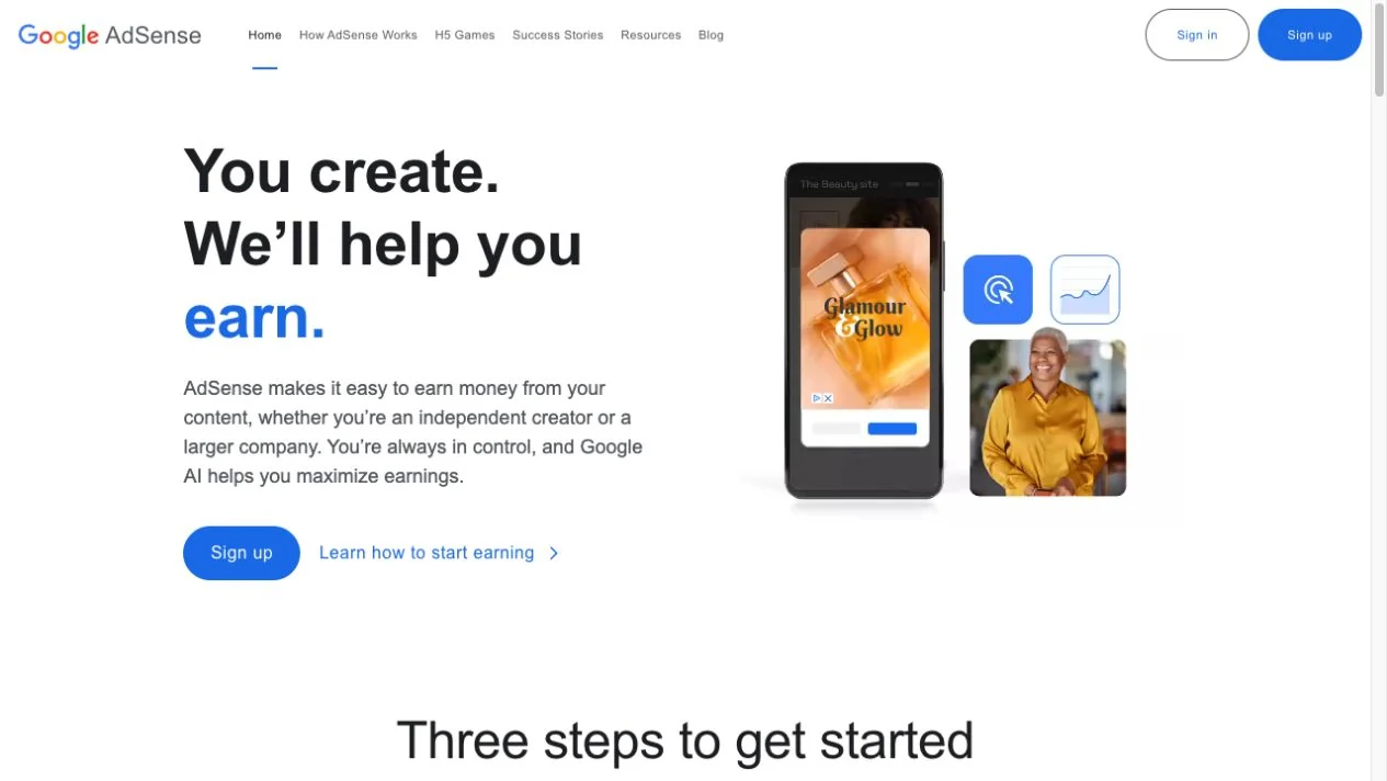 Screenshot of Google AdSense website