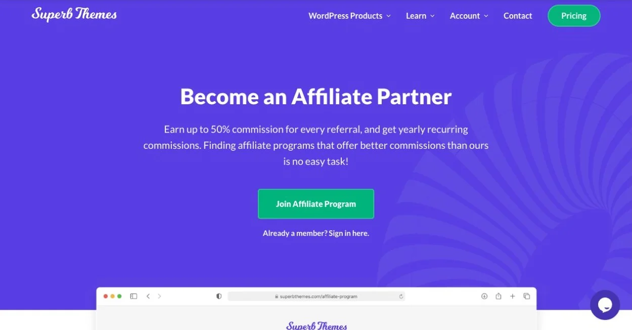 Screenshot of SuperbThemes affiliate program