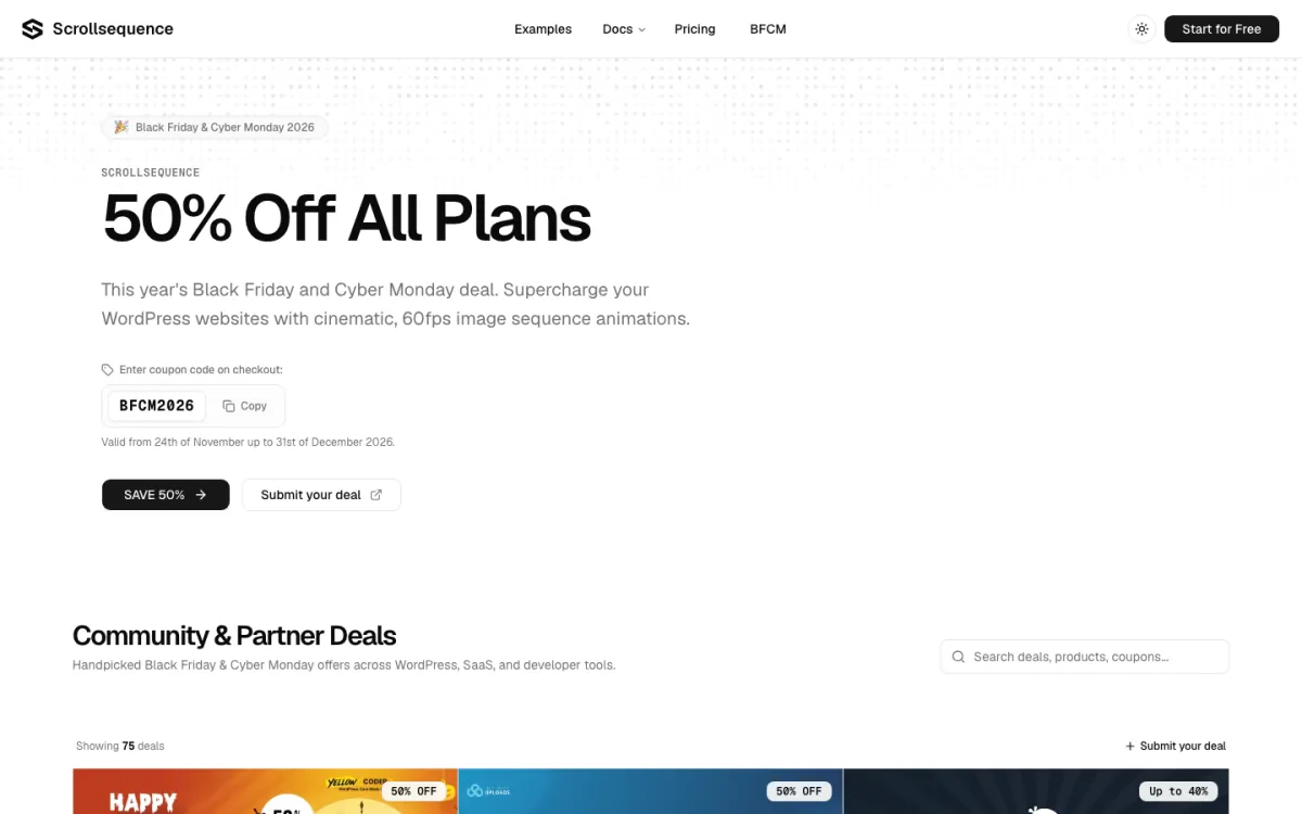 Scrollsequence Black Friday and Cyber Monday 2026 page advertising 50% off all plans with coupon code BFCM2026.