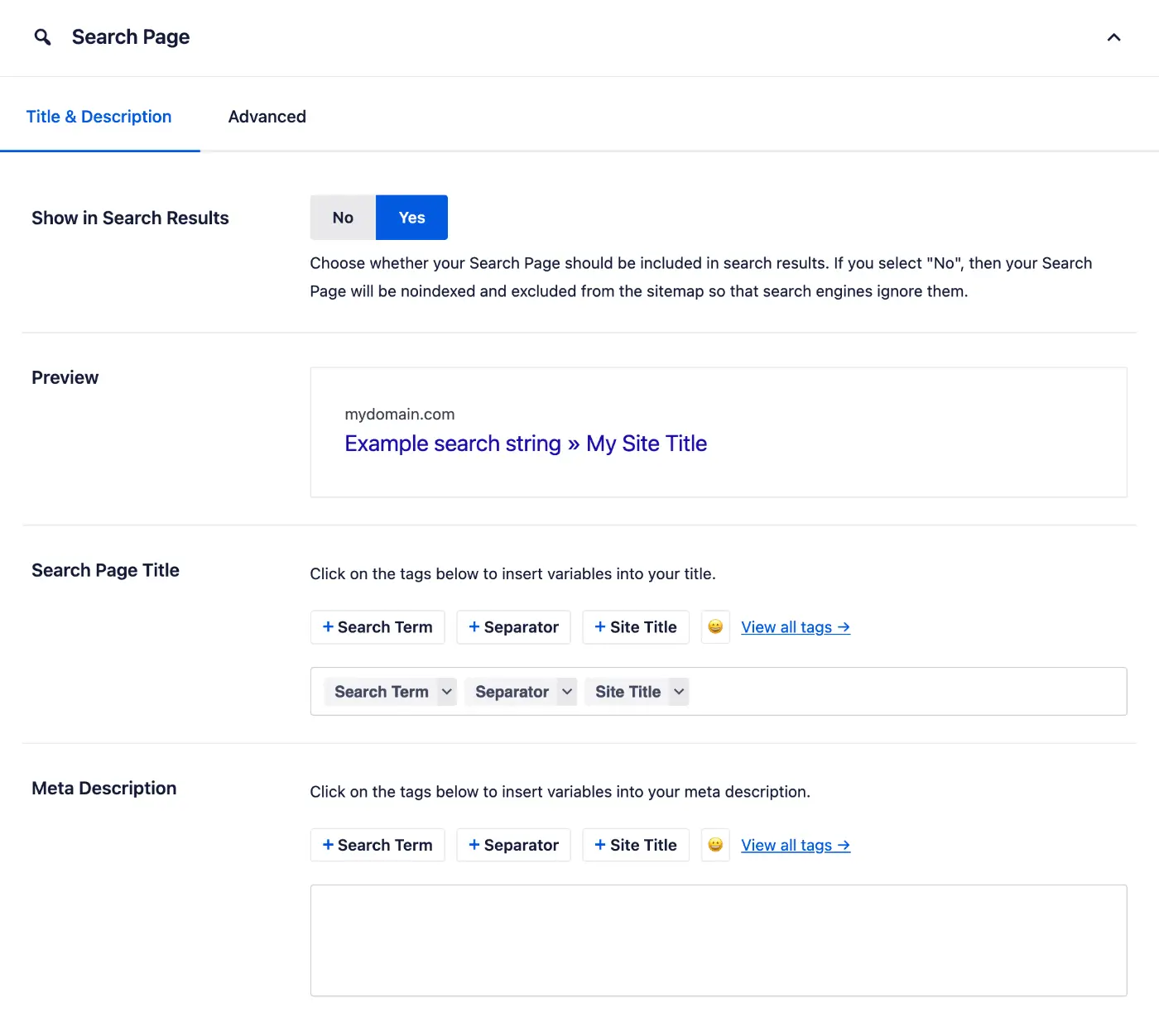 Screenshot of a search page settings panel: Title & Description tab, Show in Search Results set to Yes, with Preview showing 'Example search string » My Site Title'. Shows Search Page Title and Meta Description sections with tag buttons.