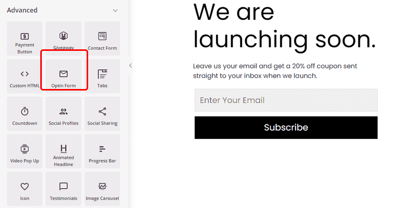 seedprod email opt-in block settings in page builder
