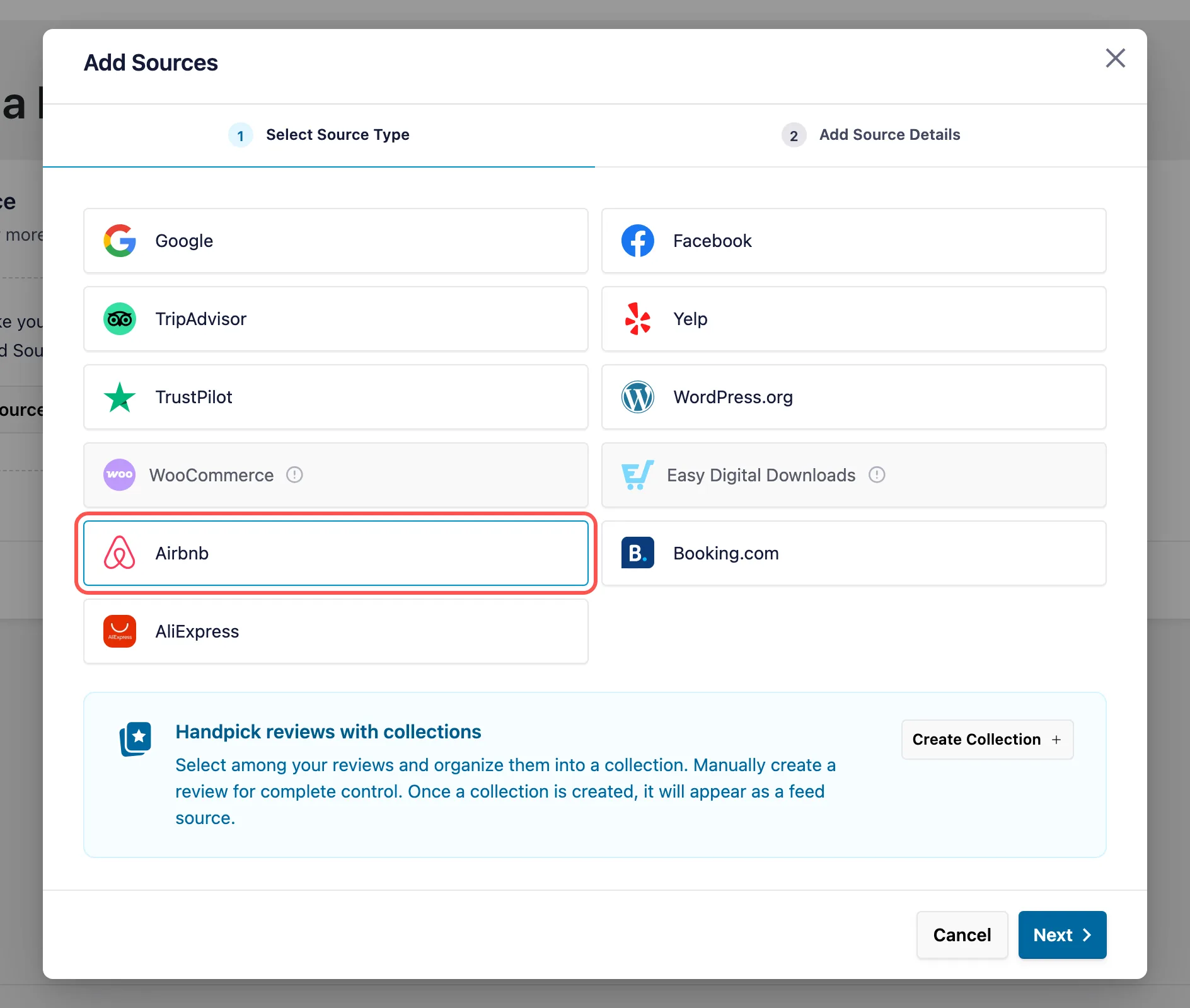 Add Sources window in Reviews Feed Pro with Airbnb selected as the source type
