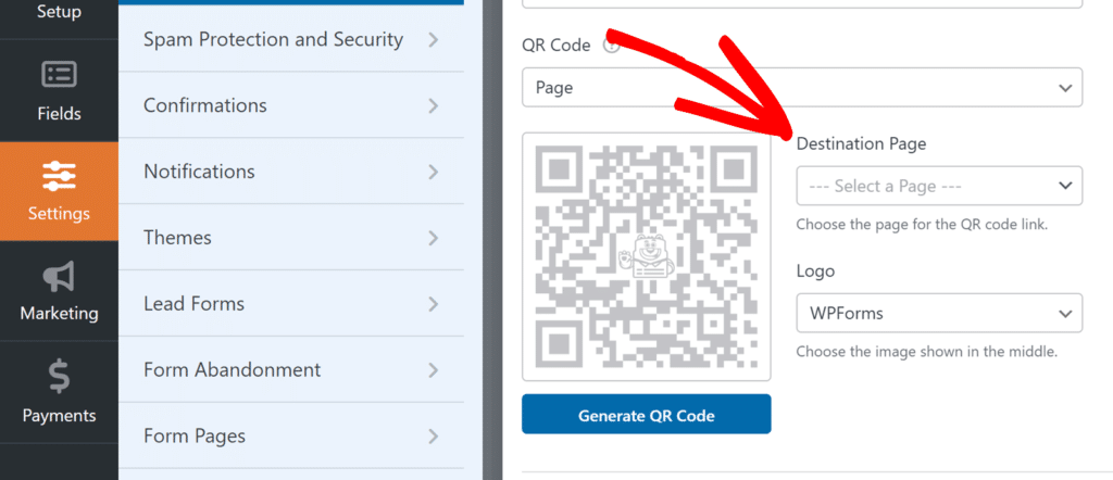 Settings page with left navigation and a QR code generator panel showing Destination Page and a large QR code image.