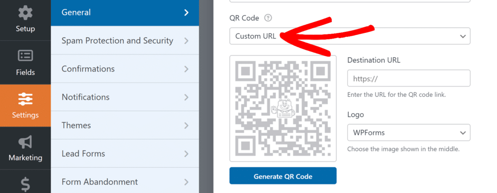 Screenshot of a web app settings pages: left navigation with an orange Settings tab, and the right panel showing a QR code generator with Custom URL selected, a large QR code, Destination URL input, Logo selector, and a Generate QR Code button.