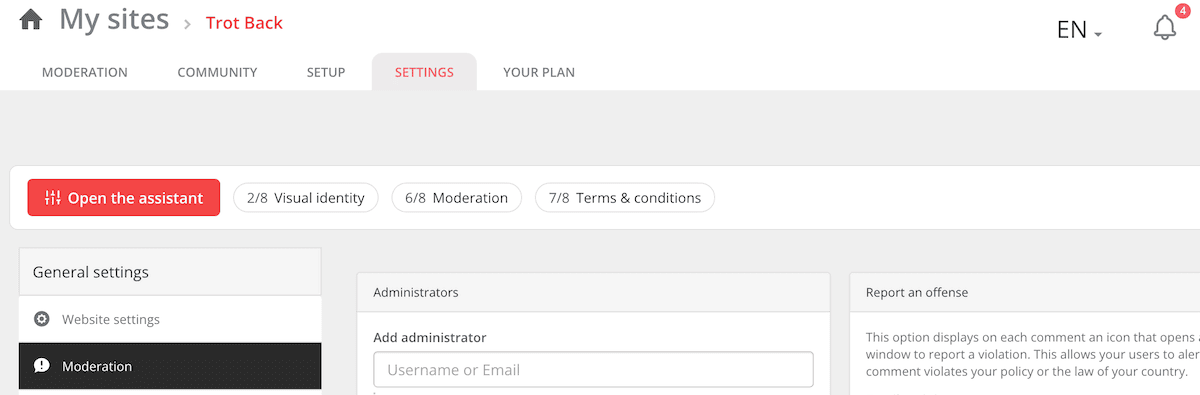 The GraphComment settings screen showing the links for Moderation, Visual Identity, and more.